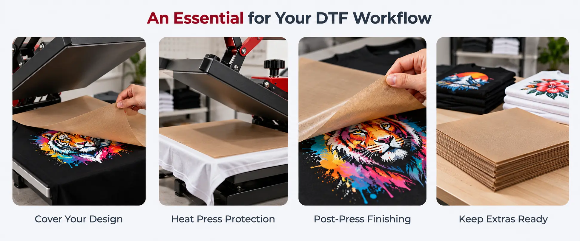 PTFE sheets for covering DTF designs, protecting the heat platen, post-press finishing, and keeping spare sheets ready.