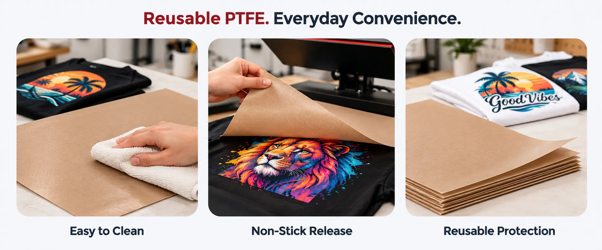 Reusable PTFE pressing sheets: easy to clean, non-stick release, and reusable protection.