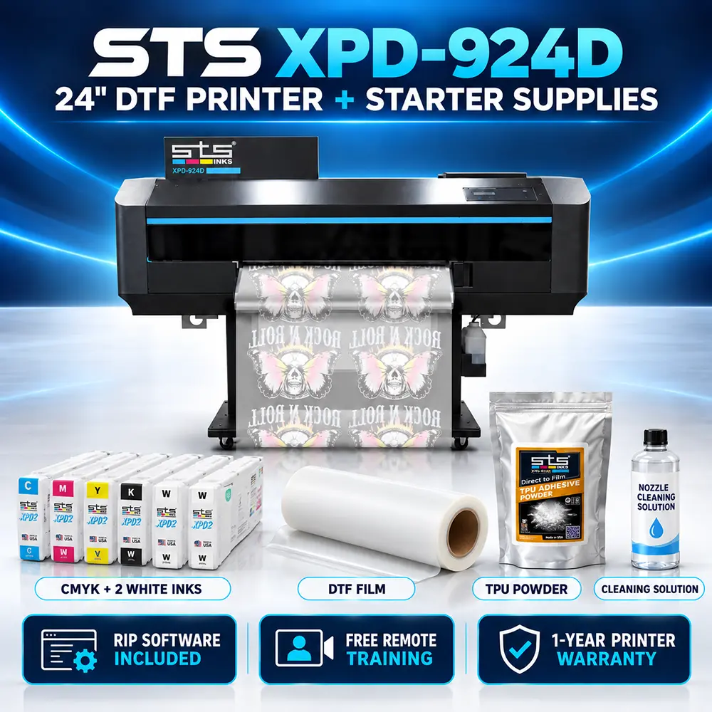 STS XPD-924D printer with starter ink cartridges, DTF film and powder; shaker not included