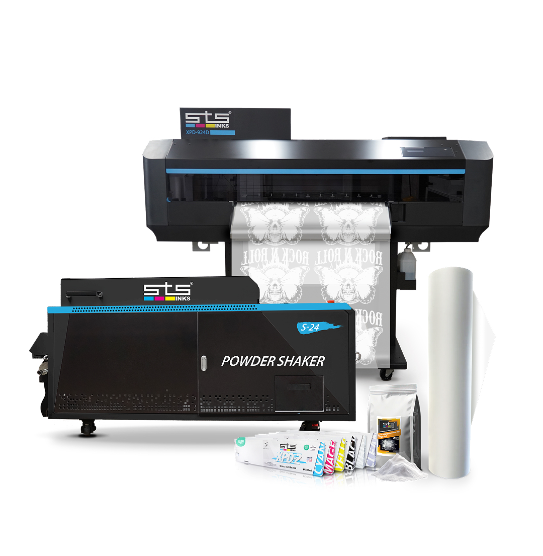 STS XPD-924D printer, black S24 shaker and consumables shown together as a compatible production system; printer and supplies sold separately from this shaker listing