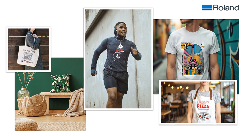 Roland BY2-20 application gallery with shirts bags sportswear and apparel graphics