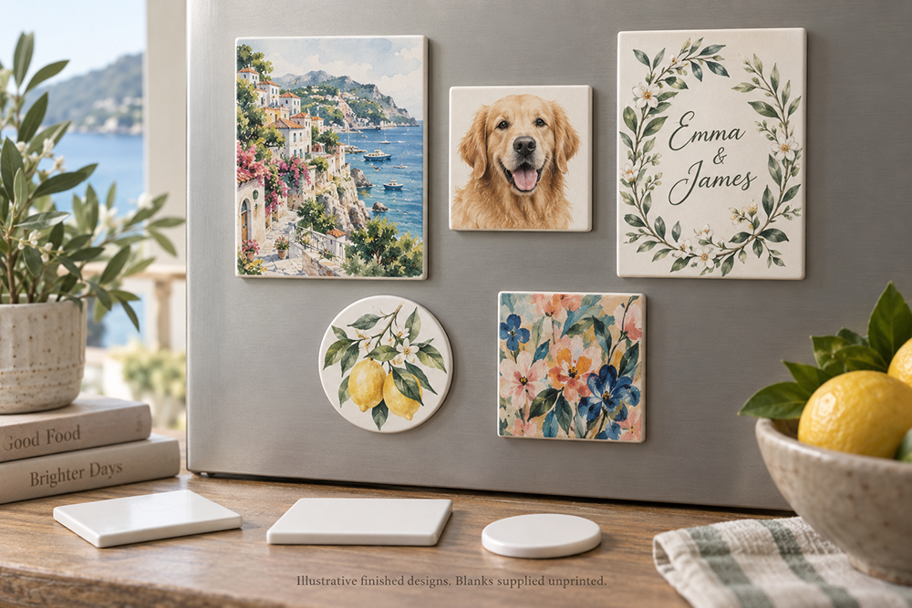 Illustrative personalized ceramic fridge magnets with photo, floral and travel designs