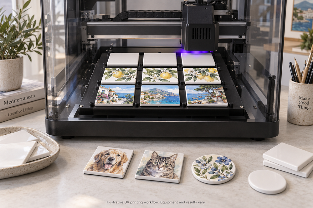 Illustrative UV flatbed printer personalizing ceramic fridge magnet blanks