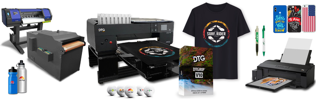 DTG PRO Products include DTG Printers, DTF Printers, UV Printers, Acrorip and other RIP software, Heat presses and more