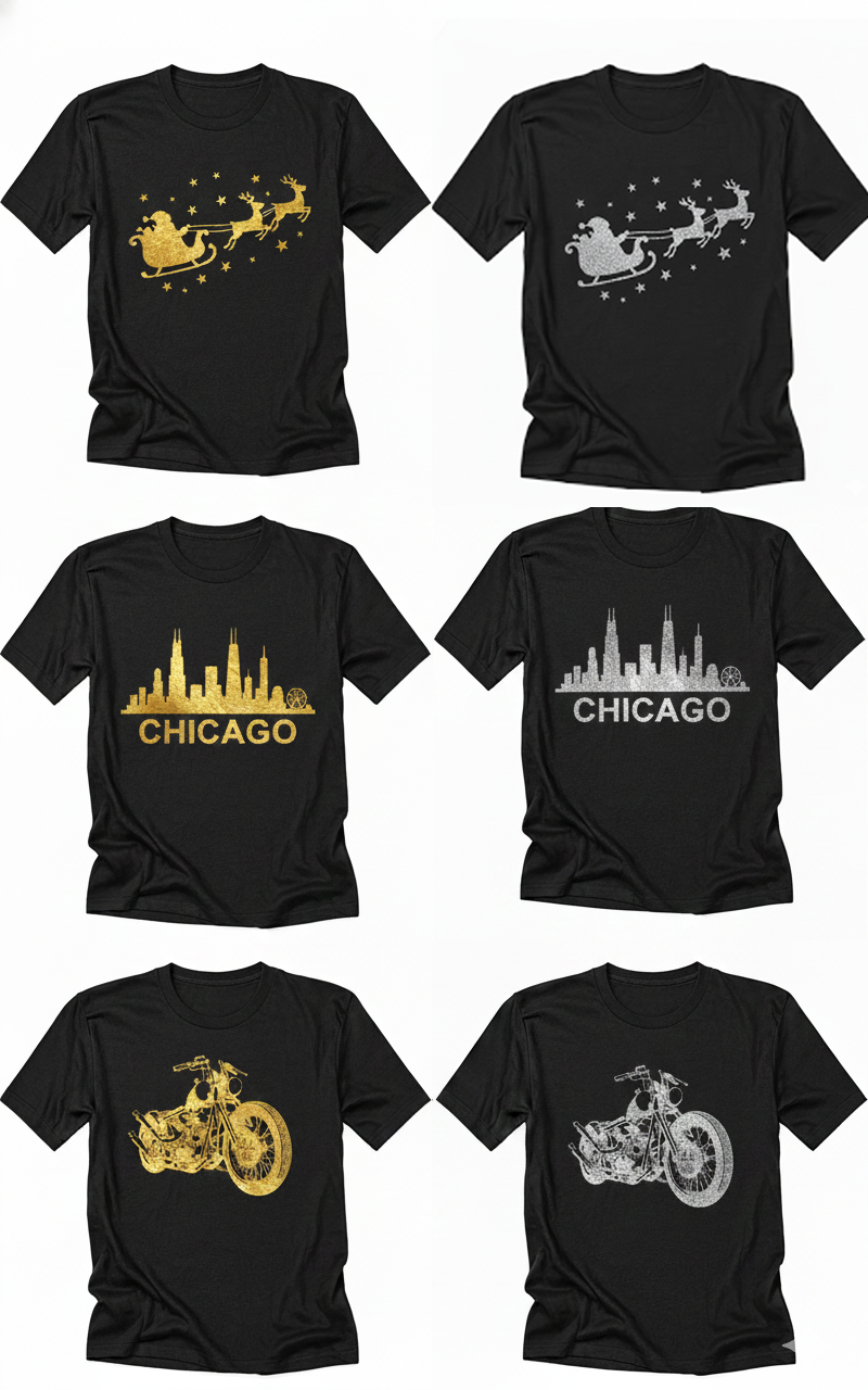 Gold and Silver Foil Output Examples on Shirts