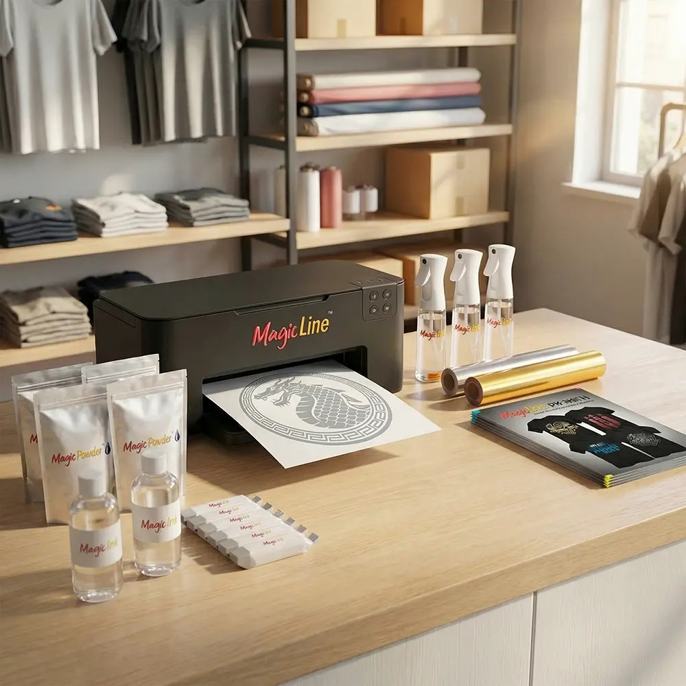 MagicLine desktop textile printing system with MagicInk, MagicPowder, transfer sheets and MagicFoil