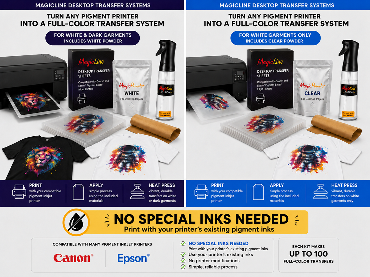 MagicLine Desktop Transfer System kit options for white, light and dark garments