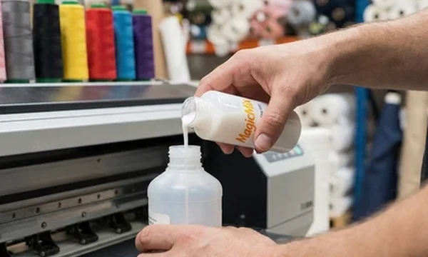 MAGICMIX ink stabilizer being poured into DTF ink