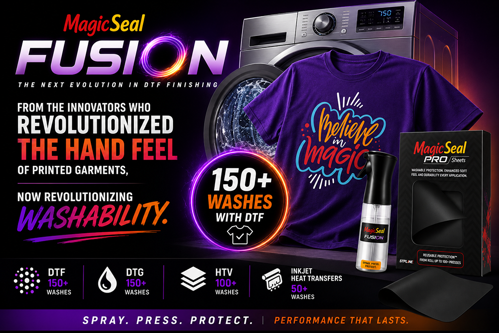 MagicSeal Fusion protective finishing system for DTF, DTG, HTV, and inkjet heat transfers