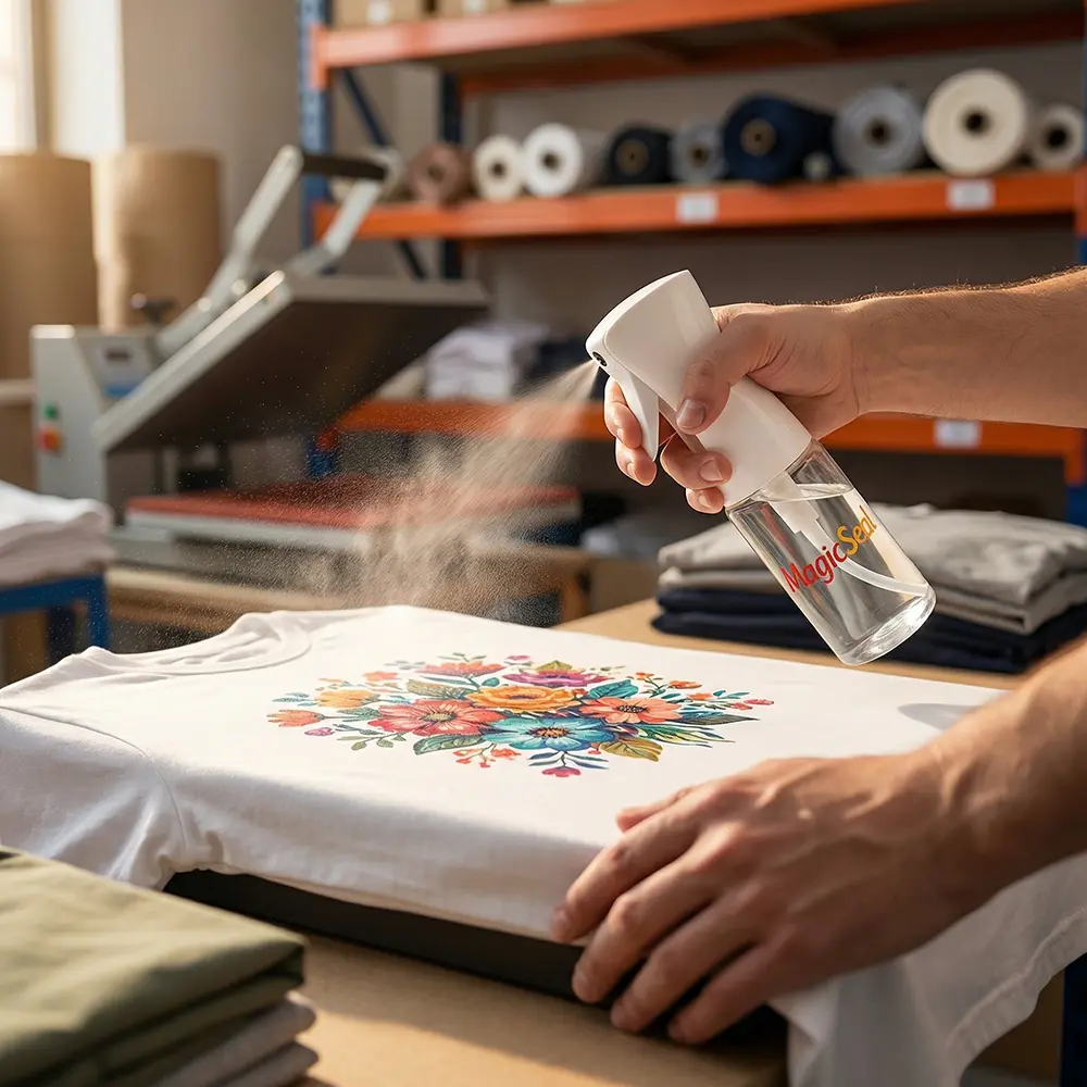 Spraying MagicSeal over a floral transfer print