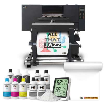 DTF PRO MIDI A2 BUNDLE: MIDI Printer Bundle (includes Dual Printhead MIDI A2 DTF Printer with Embedded Roll Feeder, A2 In-Line Powder Application and Curing Machine, 6 Liters DTF Ink, 100m DTF Film Roll, 7 pounds DTF Powder, RIP Software, Training and Onb