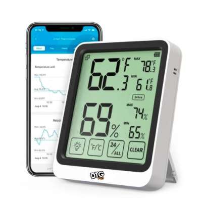 Bluetooth Digital Electronic Temperature and Humidity Meter Gauge (Thermometer and Hygrometer in one with LCD Display) - Room Humidity and Temperature Sensor Gauge with Remote App Monitoring, Notification Alerts, 2 Years Data Storage Export