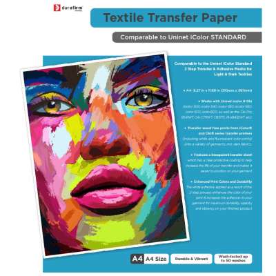 100 sheets A Media: DuraFirm 2 Step Transfer Paper - equivalent to Uninet icolor STANDARD Transfer Media and compatible with both iColor and OKI transfer printers (2 Step 'A' Transfer Media for Light Dark Textiles - A4 (210mm x 297mm)