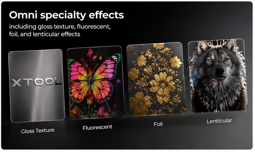xTool O1 Omni specialty effects including gloss texture fluorescent foil and lenticular effects